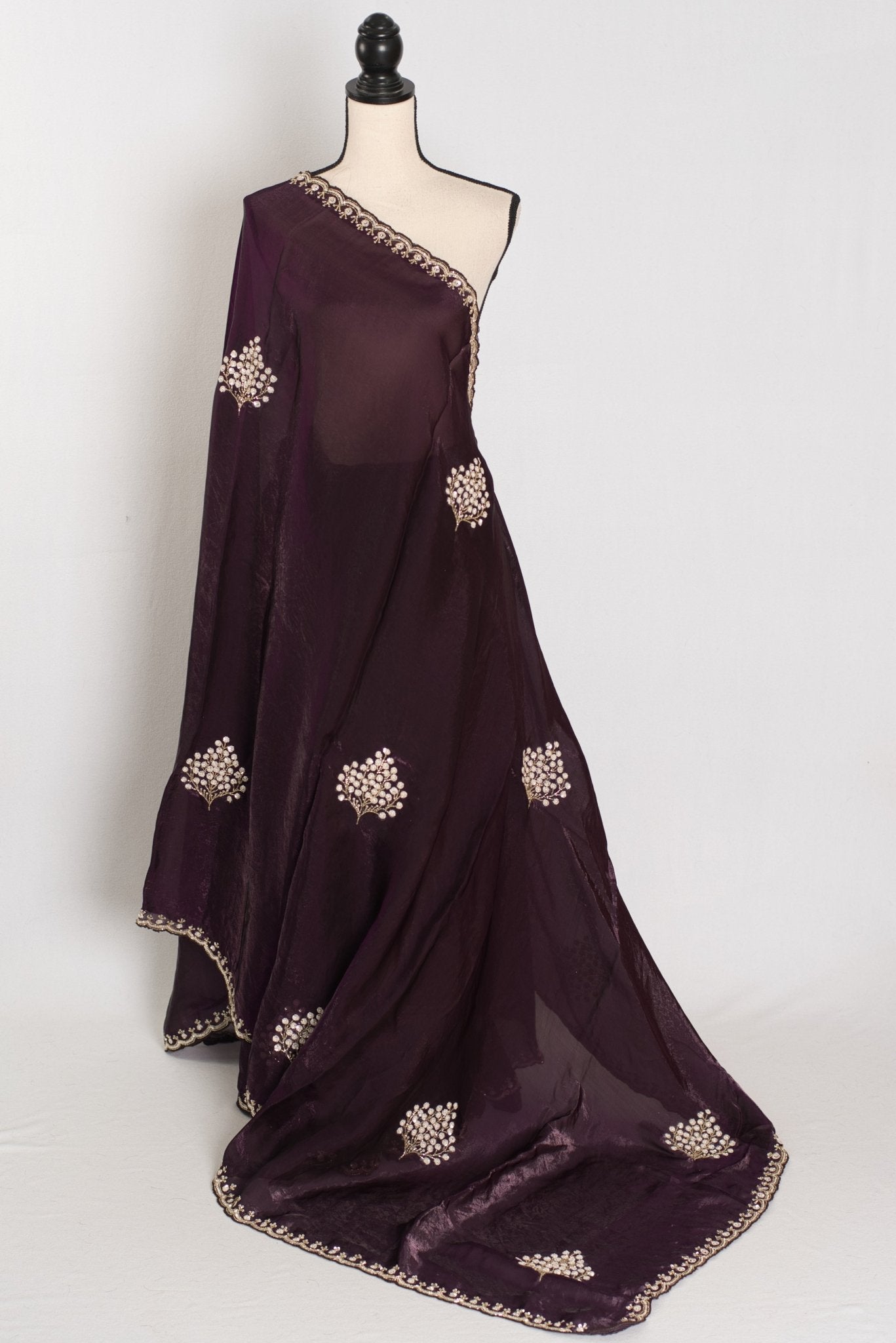 Rini: Deep Purple Glass Tissue Saree with Cut Dana Work | Partywear - Saree Mandi