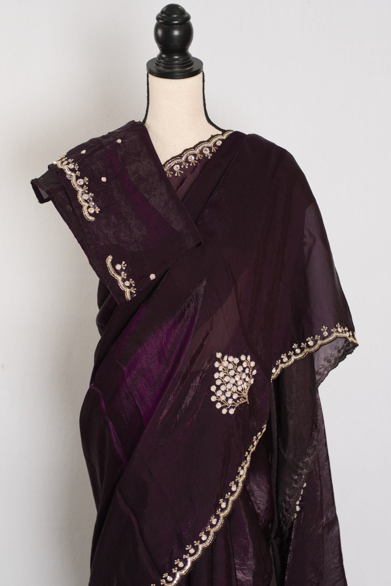 Rini: Deep Purple Glass Tissue Saree with Cut Dana Work | Partywear - Saree Mandi
