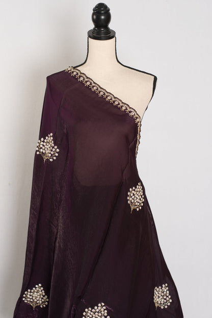 Rini: Deep Purple Glass Tissue Saree with Cut Dana Work | Partywear - Saree Mandi