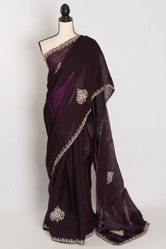 Rini: Deep Purple Glass Tissue Saree with Cut Dana Work | Partywear - Saree Mandi