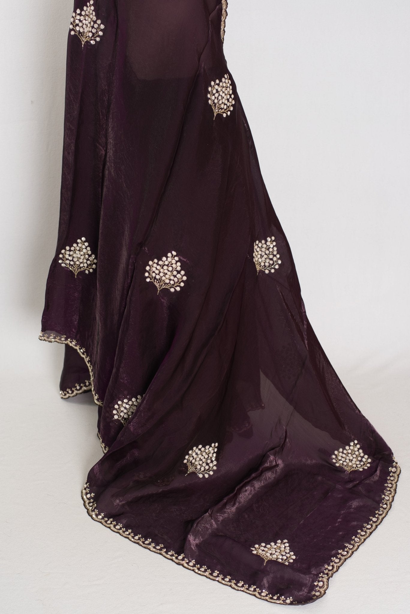 Rini: Deep Purple Glass Tissue Saree with Cut Dana Work | Partywear - Saree Mandi