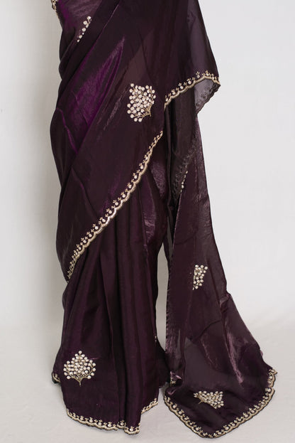Rini: Deep Purple Glass Tissue Saree with Cut Dana Work | Partywear - Saree Mandi