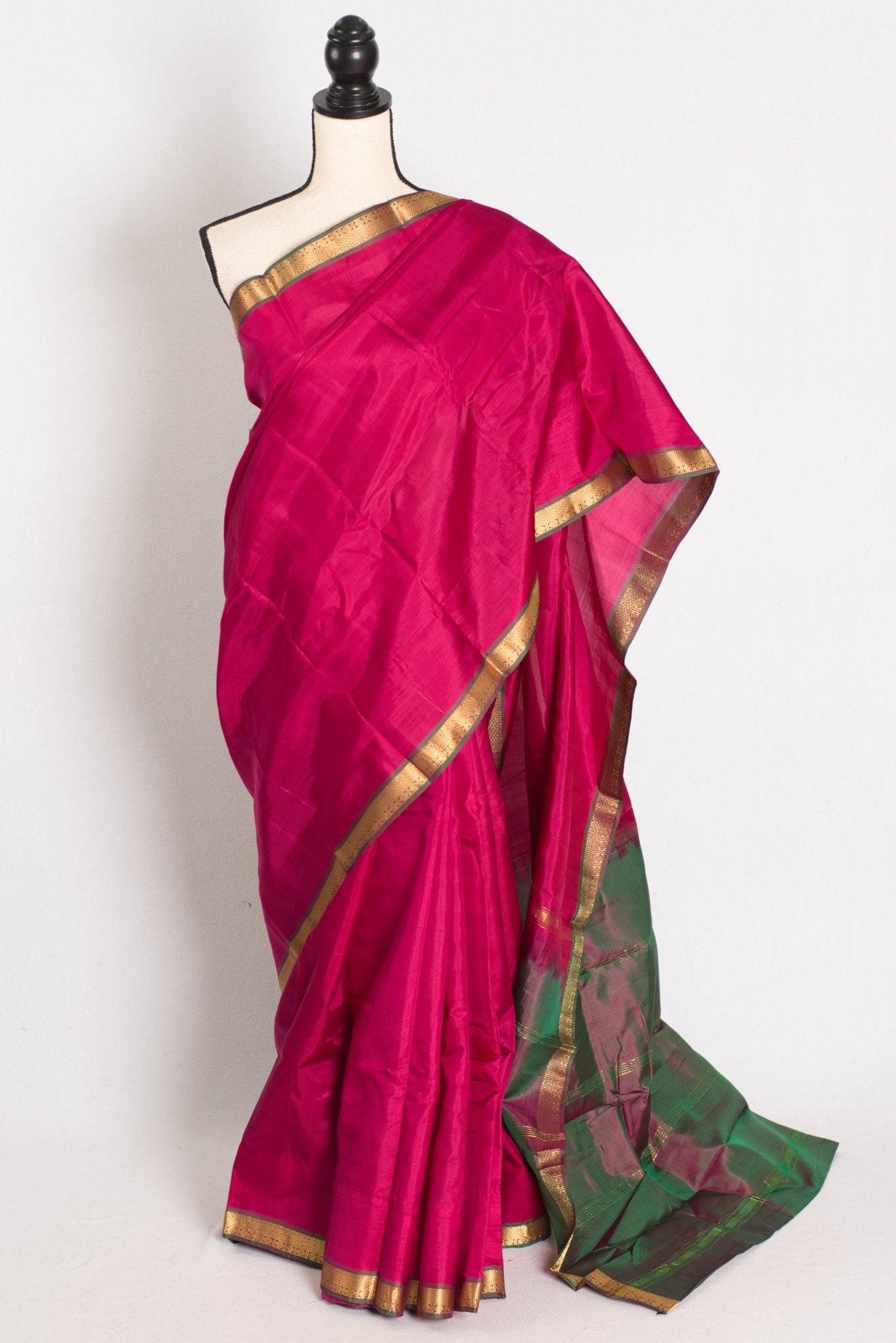 Rita : Rani Pink and Green Kanjivaram Silk Saree with Small Golden Border - Saree Mandi