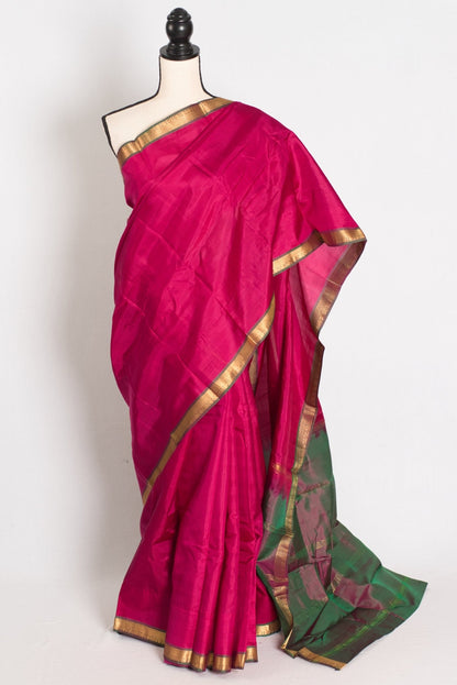 Rita : Rani Pink and Green Kanjivaram Silk Saree with Small Golden Border - Saree Mandi