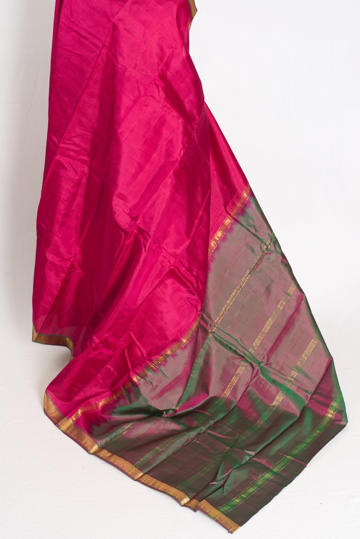 Rita : Rani Pink and Green Kanjivaram Silk Saree with Small Golden Border - Saree Mandi
