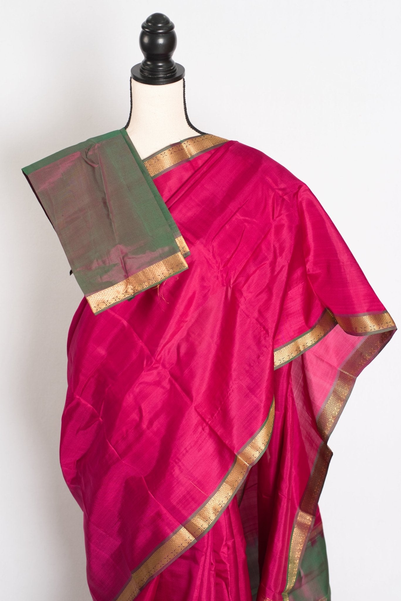 Rita : Rani Pink and Green Kanjivaram Silk Saree with Small Golden Border - Saree Mandi
