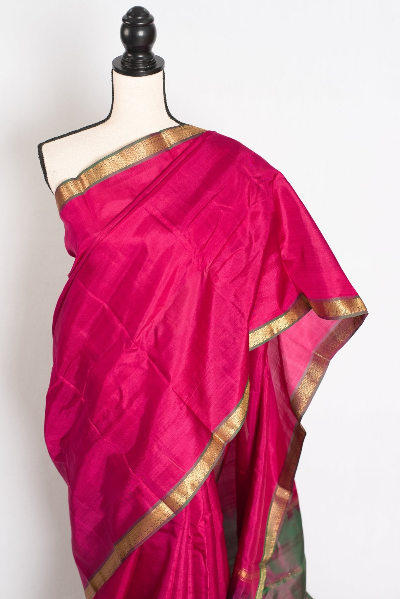 Rita : Rani Pink and Green Kanjivaram Silk Saree with Small Golden Border - Saree Mandi
