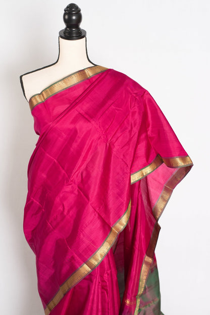 Rita : Rani Pink and Green Kanjivaram Silk Saree with Small Golden Border - Saree Mandi
