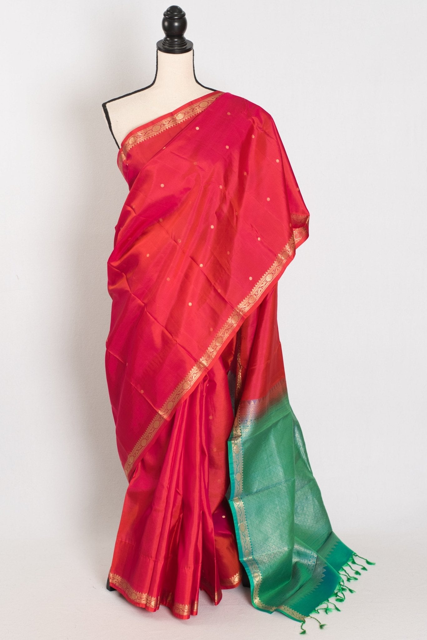Roopa: Peachy Orange Polka Dot Kanjivaram Silk Saree | Silk Mark - Saree Mandi