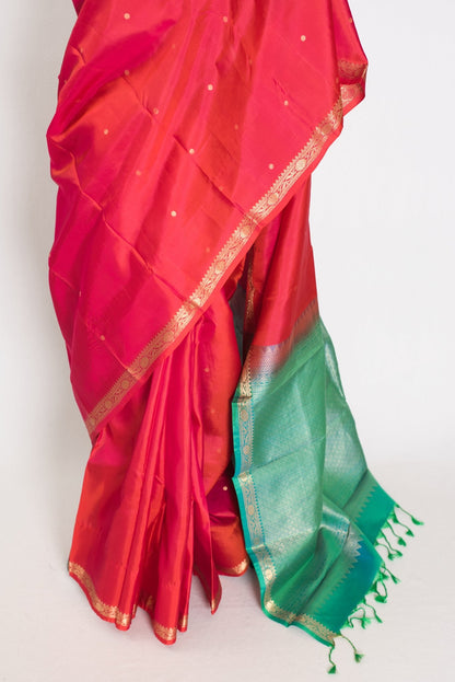 Roopa: Peachy Orange Polka Dot Kanjivaram Silk Saree | Silk Mark - Saree Mandi