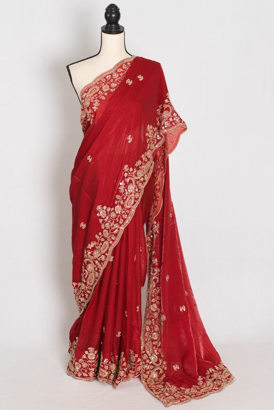 Roshni | Bright Red Tissue Saree | Pre-Stitched Size 40 Blouse - Saree Mandi