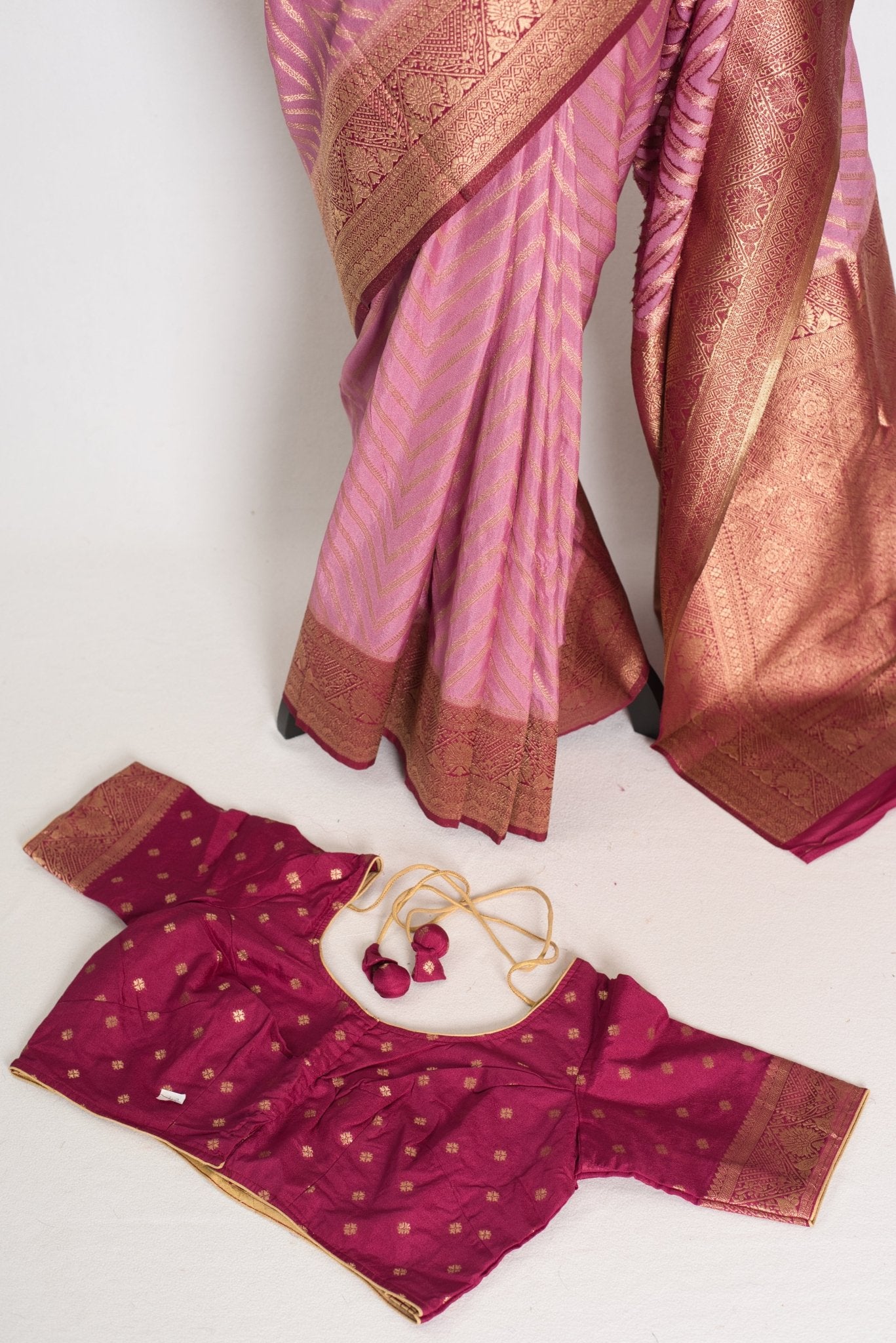 Saira: Pink and Maroon Banarasi Saree | Size 42 Stitched Blouse - Saree Mandi