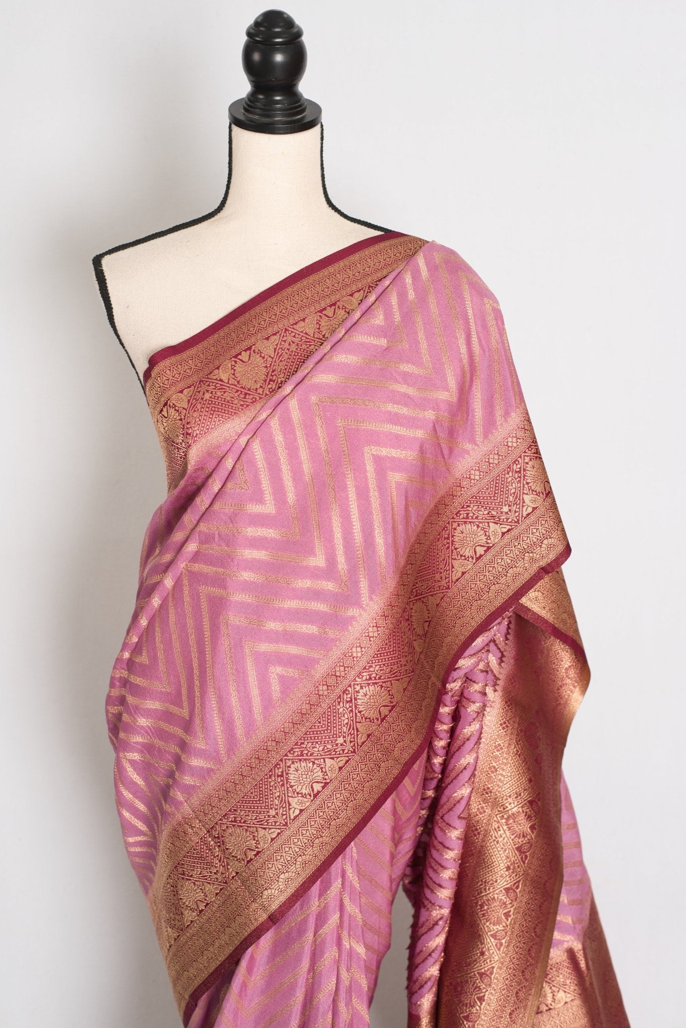 Saira: Pink and Maroon Banarasi Saree | Size 42 Stitched Blouse - Saree Mandi