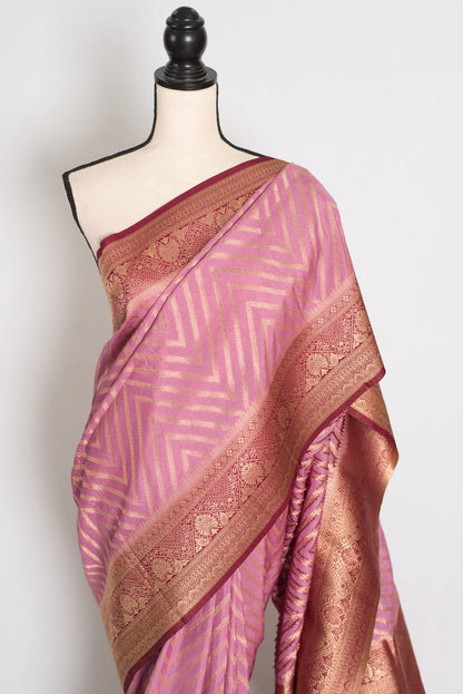Saira: Pink and Maroon Banarasi Saree | Size 42 Stitched Blouse - Saree Mandi