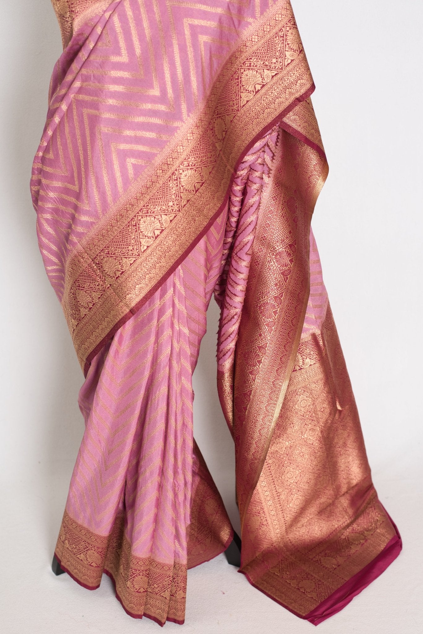 Saira: Pink and Maroon Banarasi Saree | Size 42 Stitched Blouse - Saree Mandi