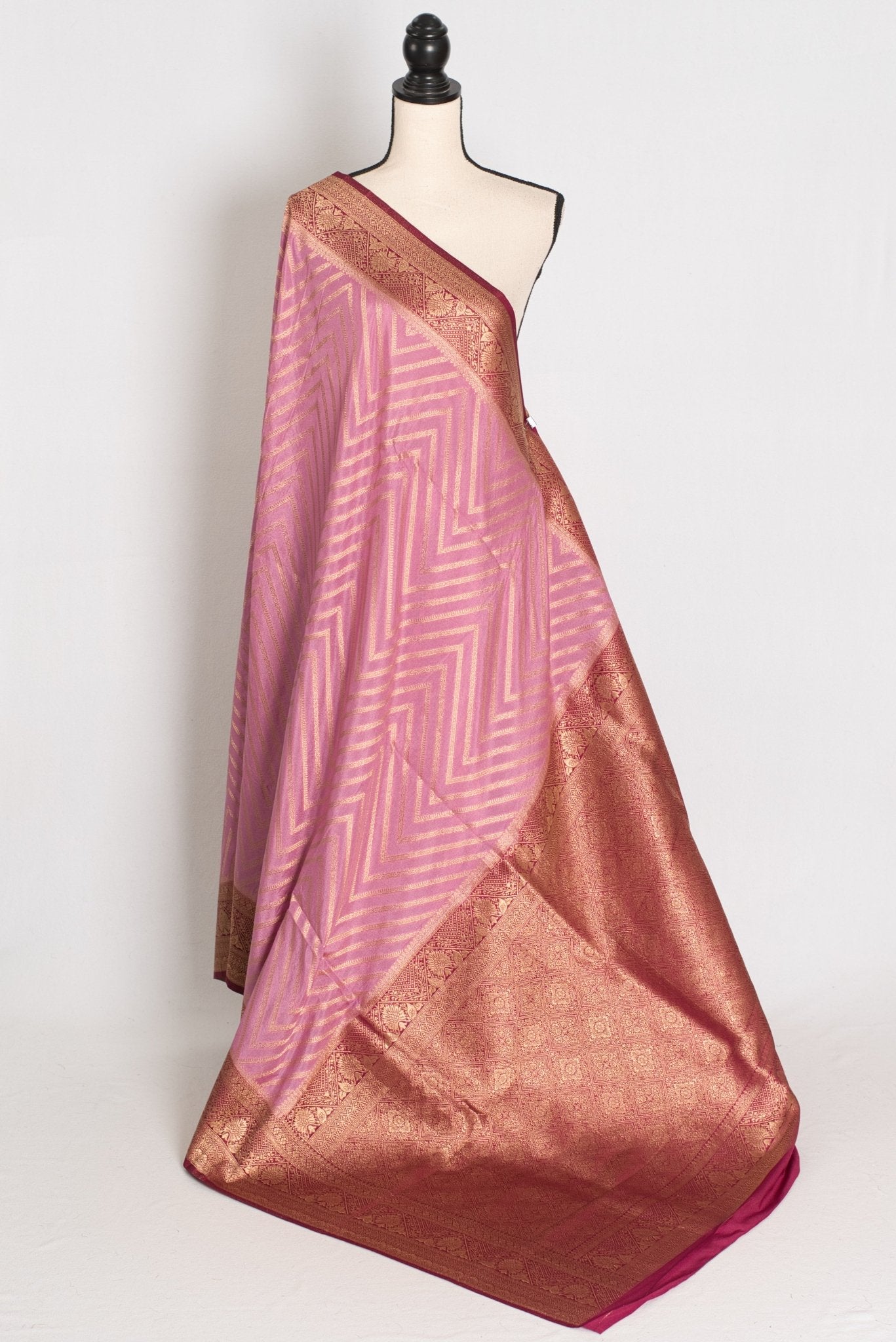 Saira: Pink and Maroon Banarasi Saree | Size 42 Stitched Blouse - Saree Mandi