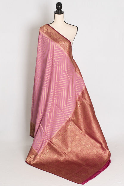 Saira: Pink and Maroon Banarasi Saree | Size 42 Stitched Blouse - Saree Mandi