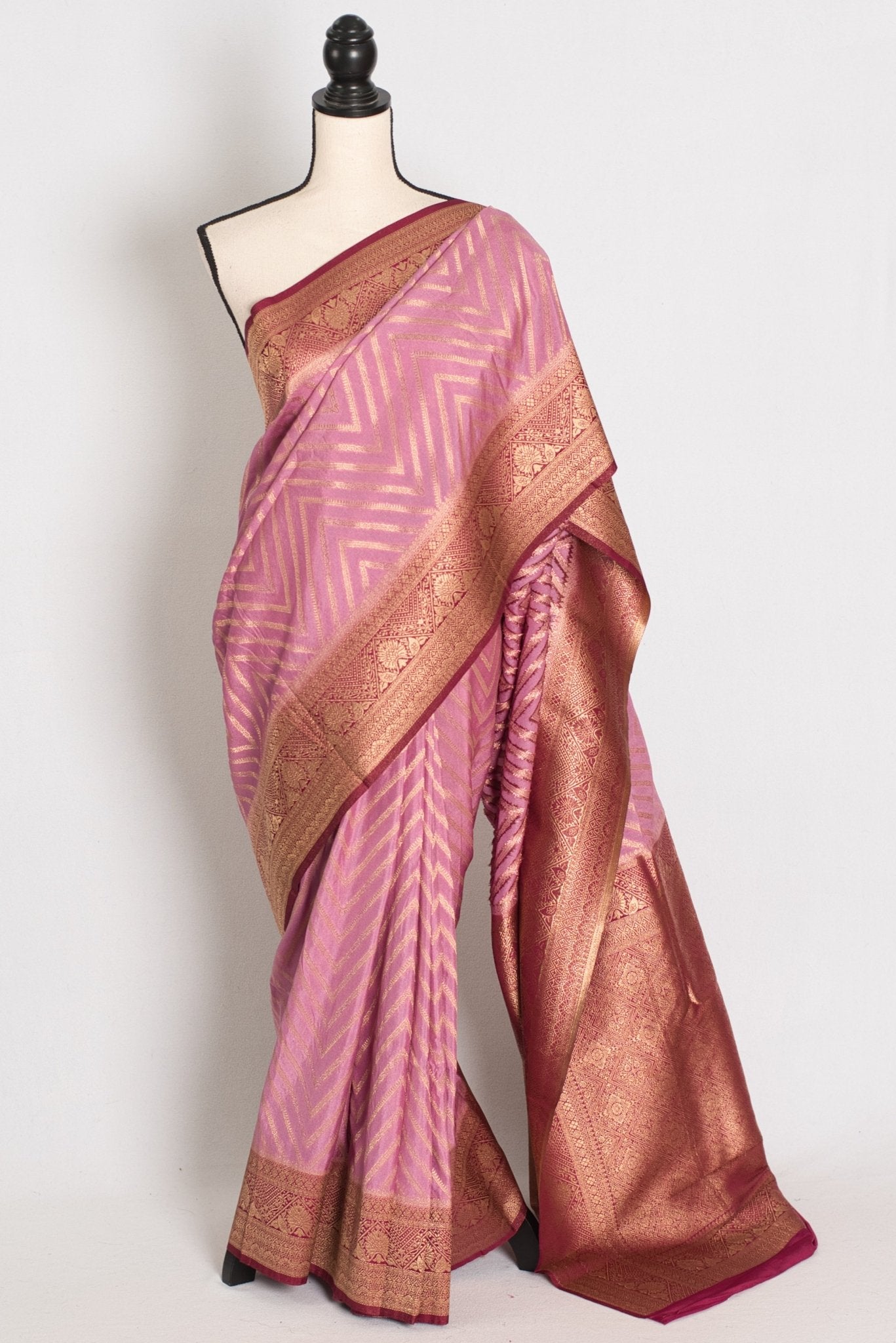 Saira: Pink and Maroon Banarasi Saree | Size 42 Stitched Blouse - Saree Mandi