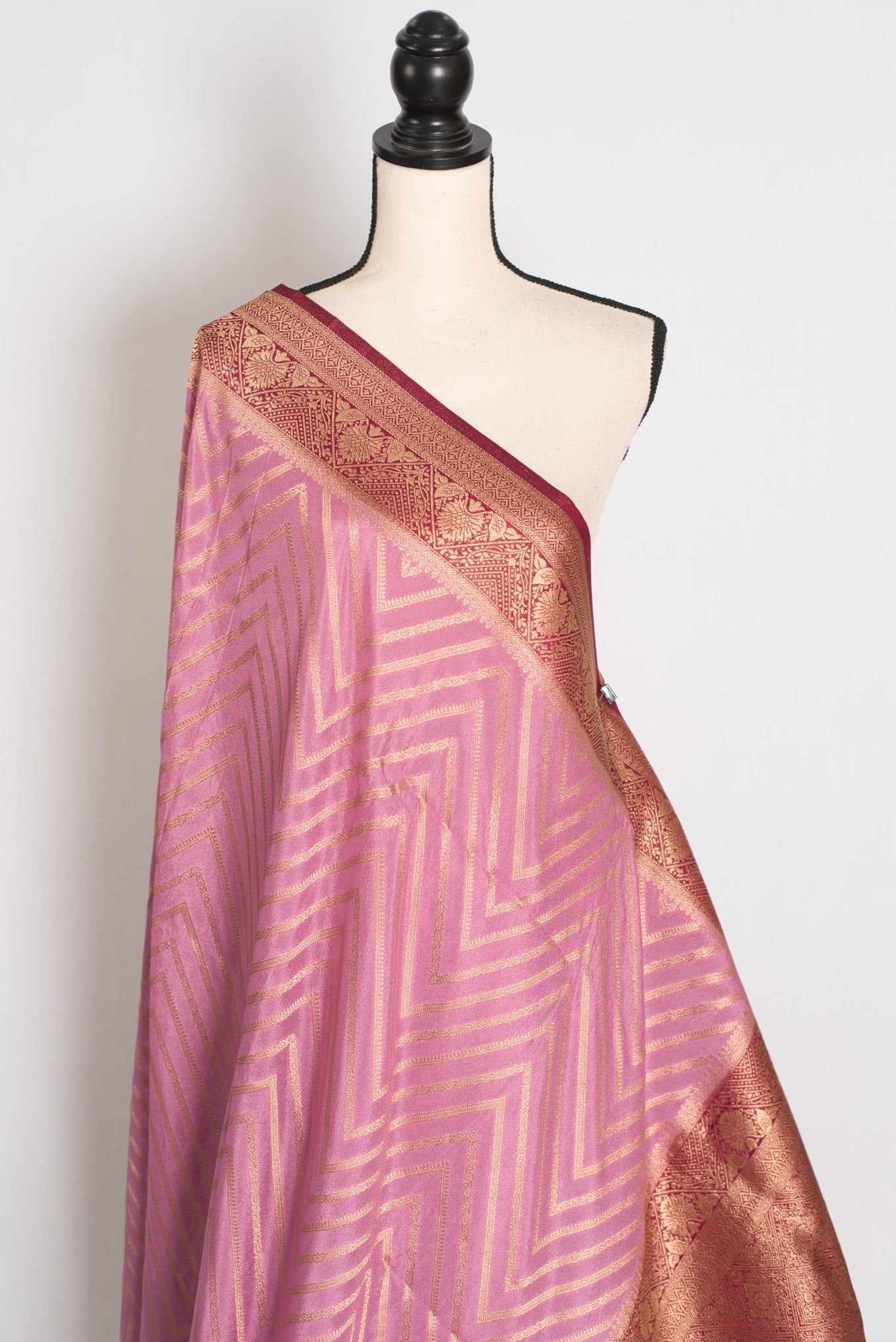 Saira: Pink and Maroon Banarasi Saree | Size 42 Stitched Blouse - Saree Mandi