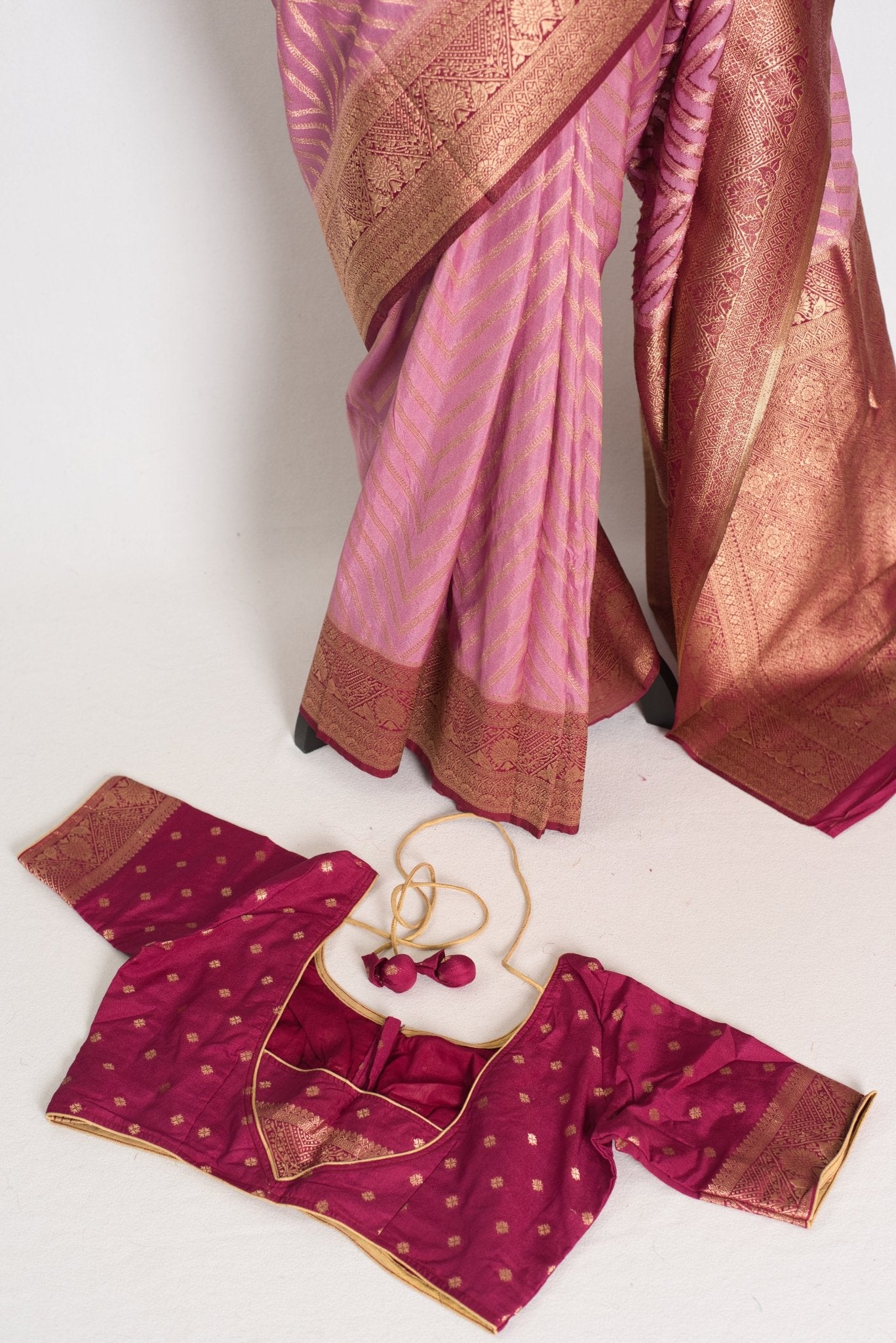 Saira: Pink and Maroon Banarasi Saree | Size 42 Stitched Blouse - Saree Mandi