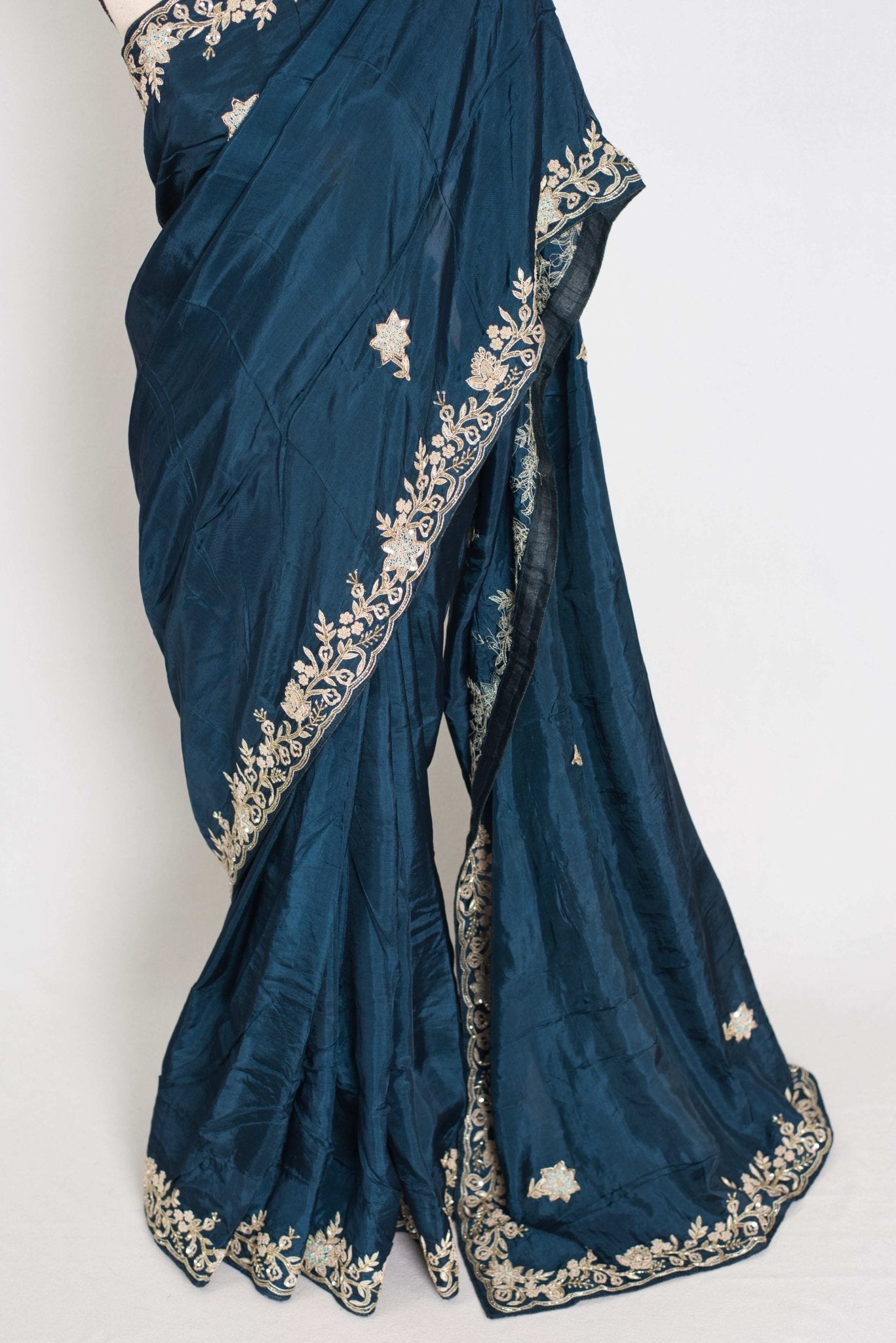 Samaira : Hand Zardosi Embroidery Blue Satin Silk Partywear Saree - Saree Mandi