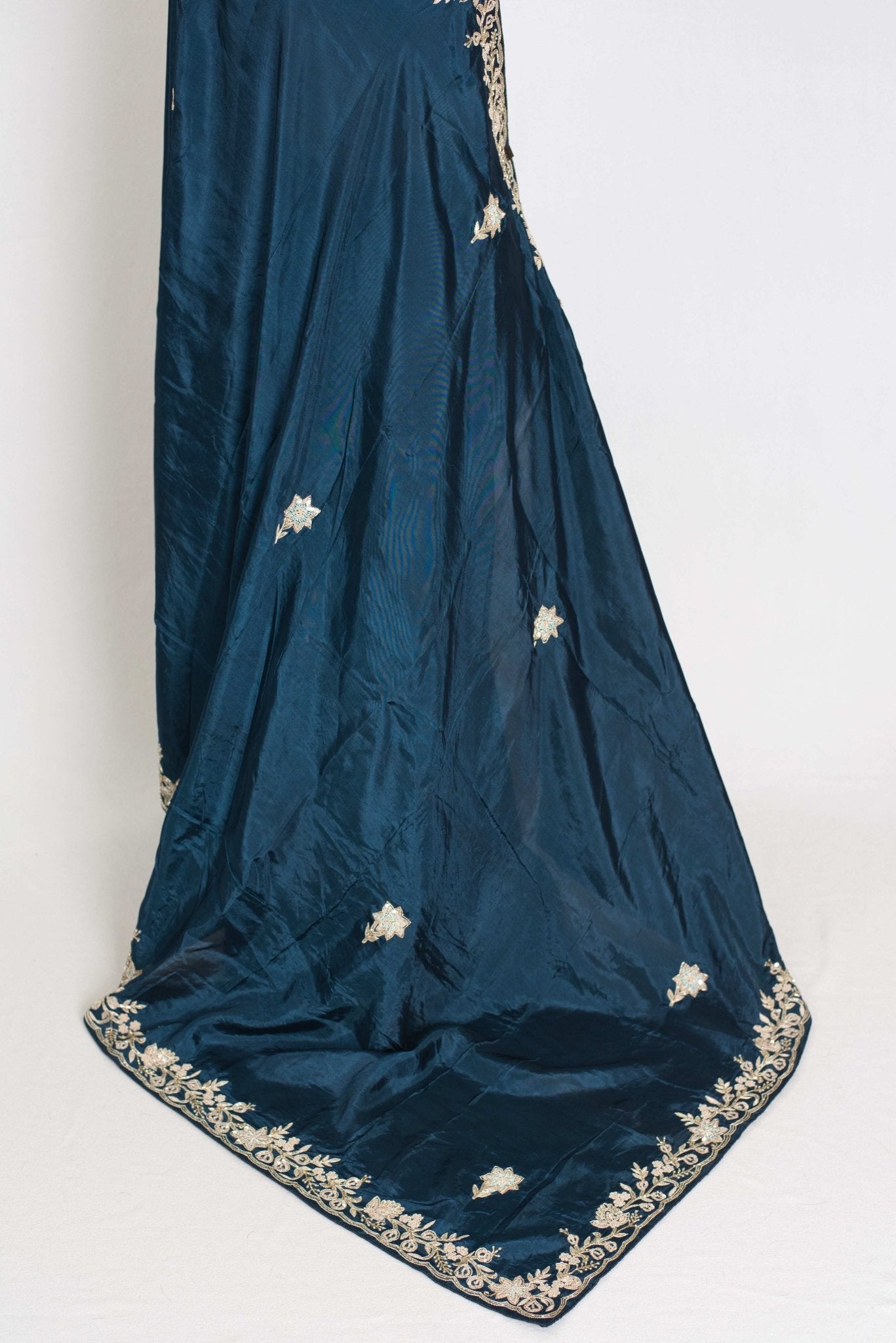 Samaira : Hand Zardosi Embroidery Blue Satin Silk Partywear Saree - Saree Mandi