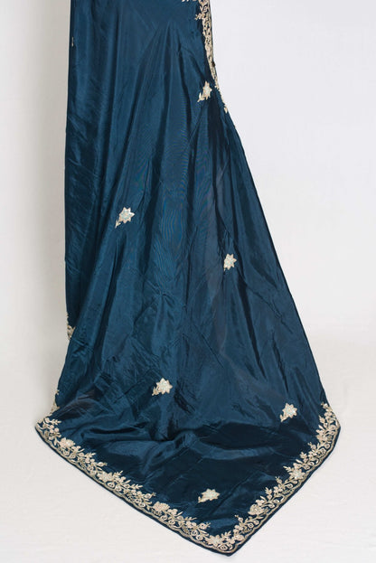 Samaira : Hand Zardosi Embroidery Blue Satin Silk Partywear Saree - Saree Mandi