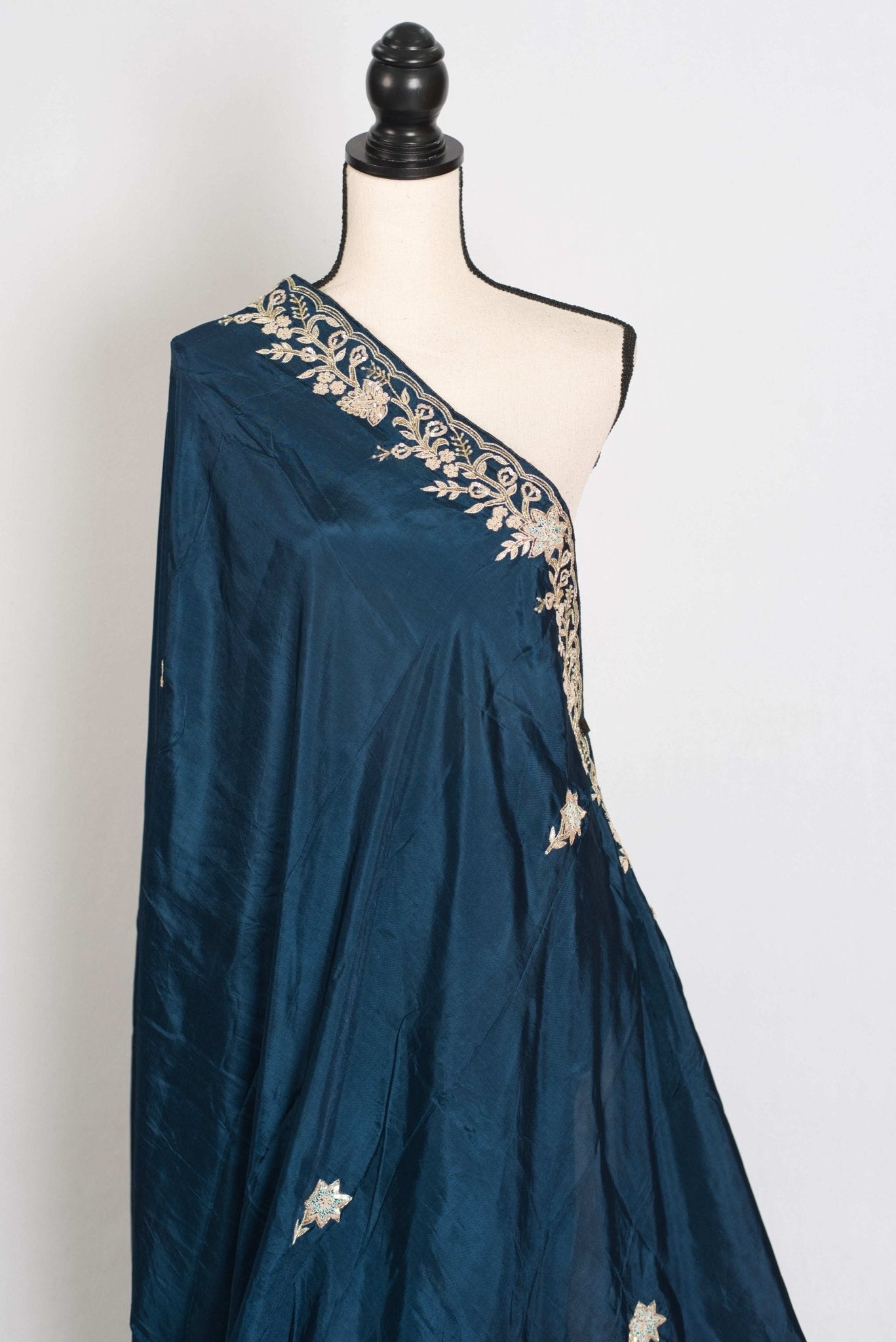 Samaira : Hand Zardosi Embroidery Blue Satin Silk Partywear Saree - Saree Mandi
