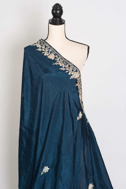 Samaira : Hand Zardosi Embroidery Blue Satin Silk Partywear Saree - Saree Mandi