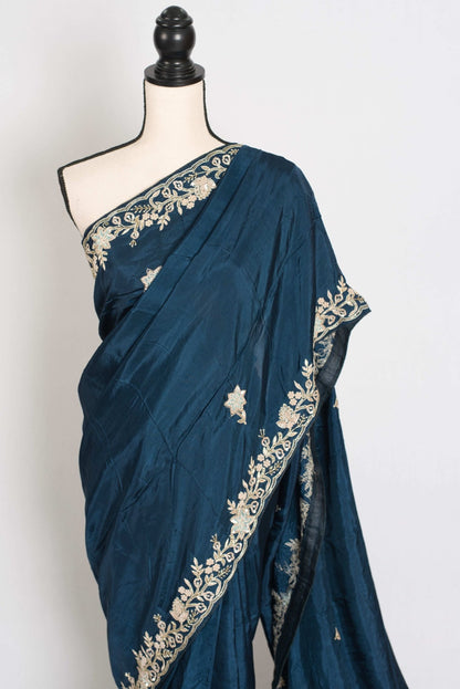Samaira : Hand Zardosi Embroidery Blue Satin Silk Partywear Saree - Saree Mandi