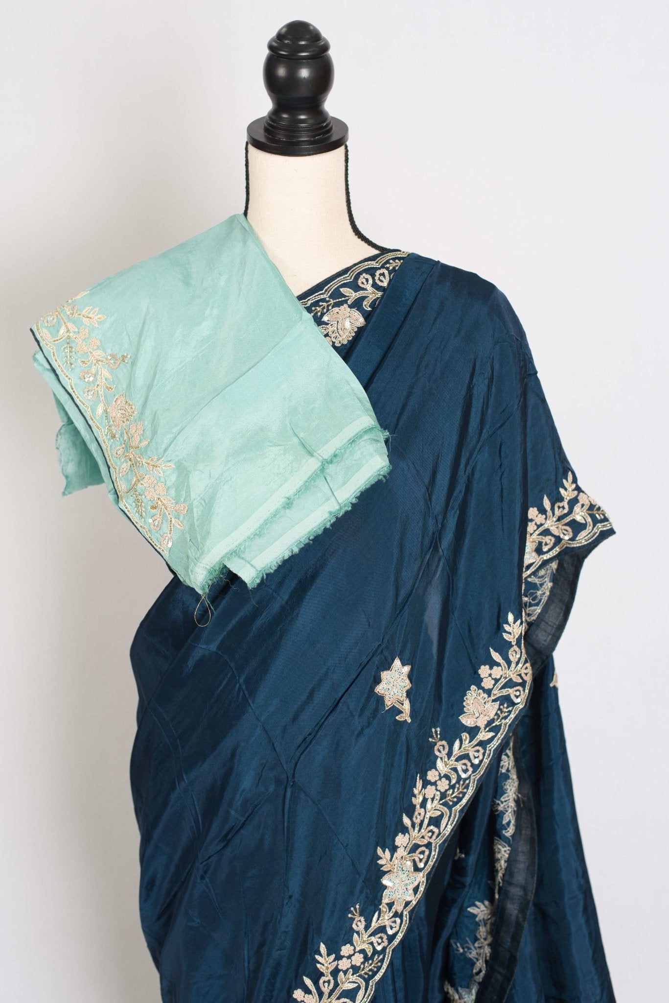 Samaira : Hand Zardosi Embroidery Blue Satin Silk Partywear Saree - Saree Mandi