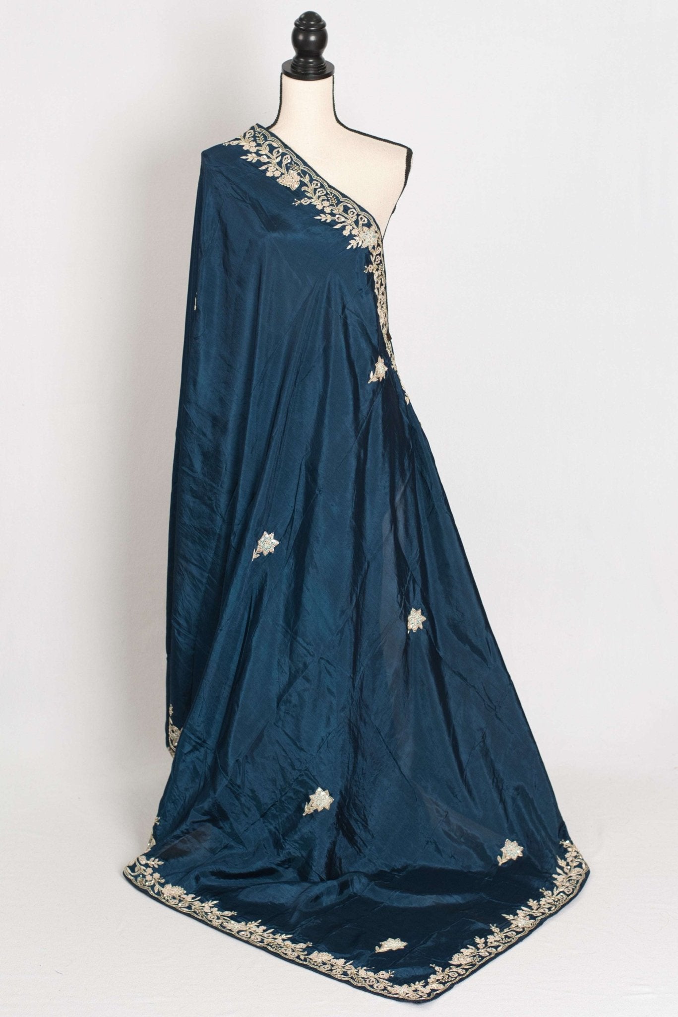 Samaira : Hand Zardosi Embroidery Blue Satin Silk Partywear Saree - Saree Mandi
