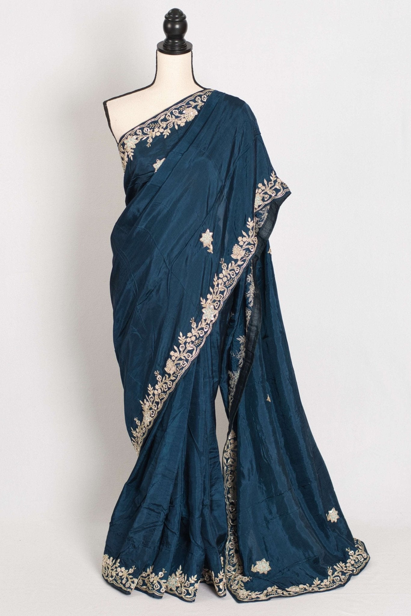 Samaira : Hand Zardosi Embroidery Blue Satin Silk Partywear Saree - Saree Mandi