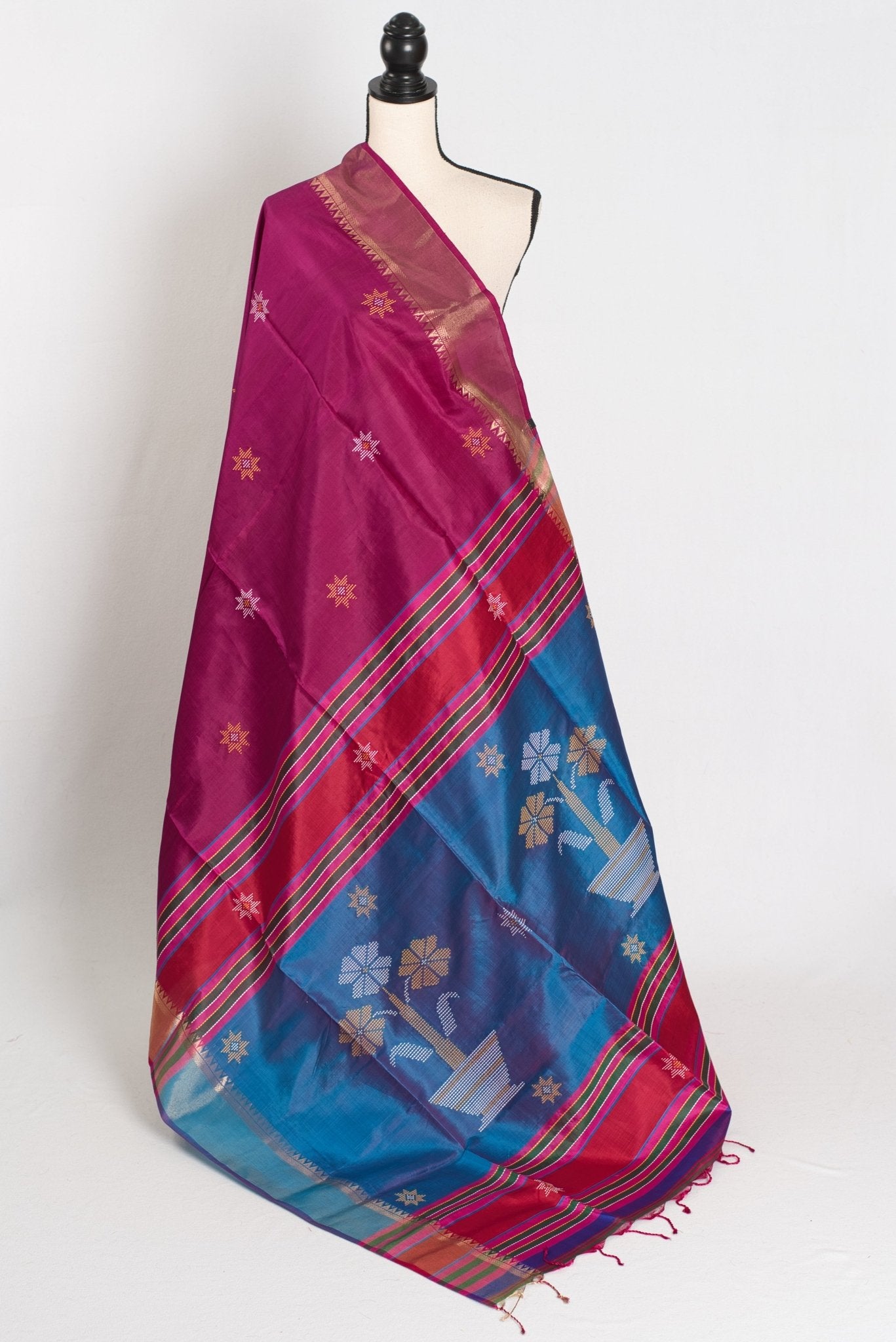 Sandhya : Lightweight Bishnupur Katan Silk Saree in Purple and Blue - Saree Mandi