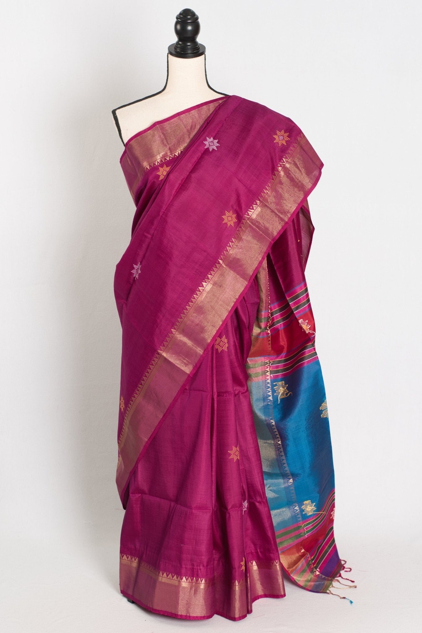 Sandhya : Lightweight Bishnupur Katan Silk Saree in Purple and Blue - Saree Mandi