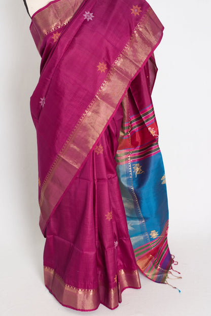 Sandhya : Lightweight Bishnupur Katan Silk Saree in Purple and Blue - Saree Mandi