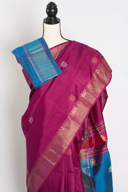 Sandhya : Lightweight Bishnupur Katan Silk Saree in Purple and Blue - Saree Mandi
