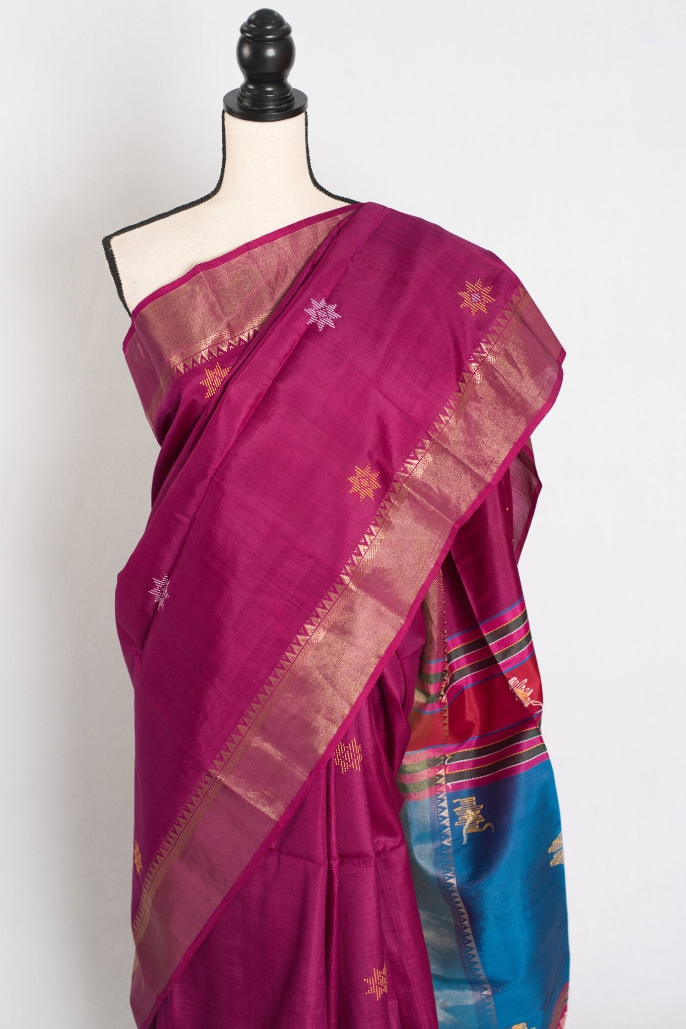 Sandhya : Lightweight Bishnupur Katan Silk Saree in Purple and Blue - Saree Mandi