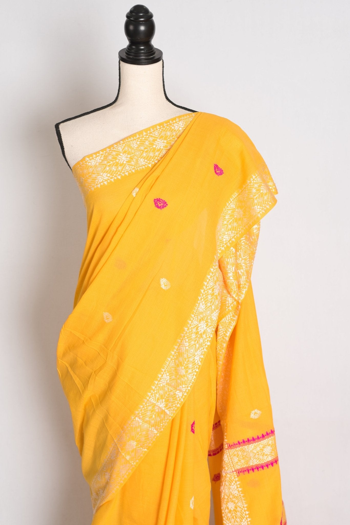 Bright Yellow Cotton saree — detail view