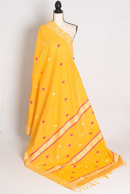 Bright Yellow Cotton saree — drape view