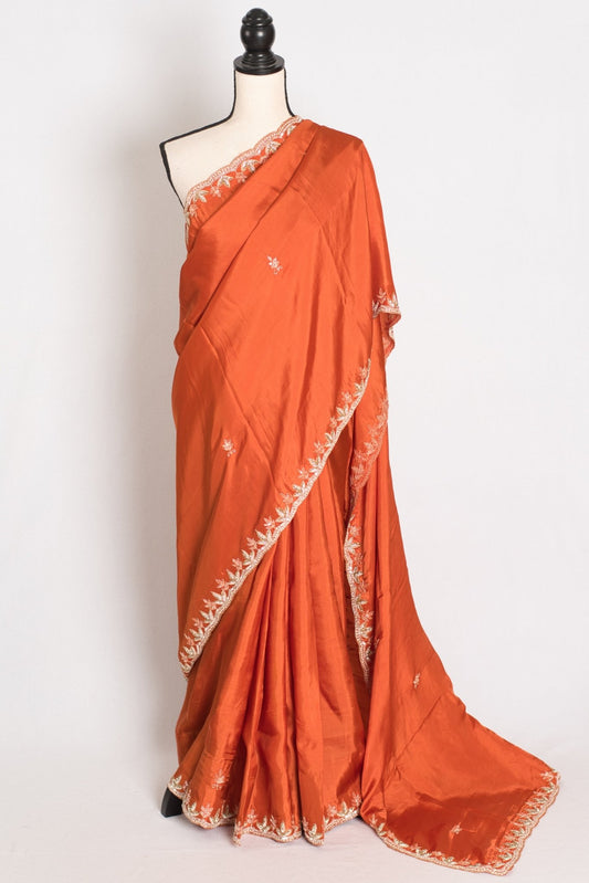 Sargam : Orange Hand Embroidery Zardosi Crepe Silk Partywear Saree - Saree Mandi