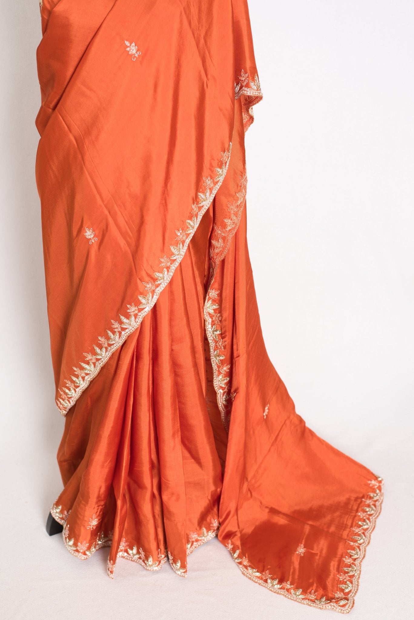 Sargam : Orange Hand Embroidery Zardosi Crepe Silk Partywear Saree - Saree Mandi