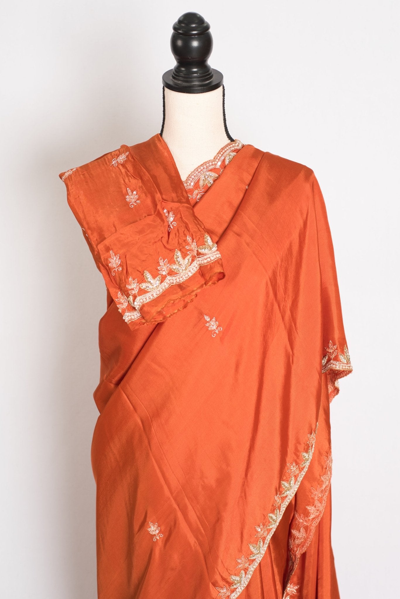 Sargam : Orange Hand Embroidery Zardosi Crepe Silk Partywear Saree - Saree Mandi