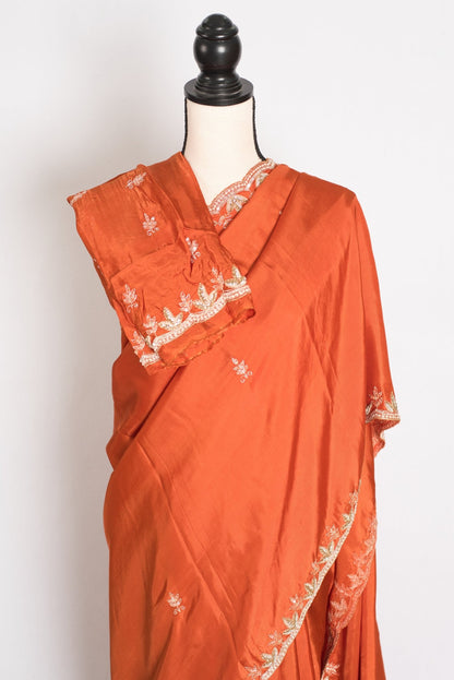 Sargam : Orange Hand Embroidery Zardosi Crepe Silk Partywear Saree - Saree Mandi