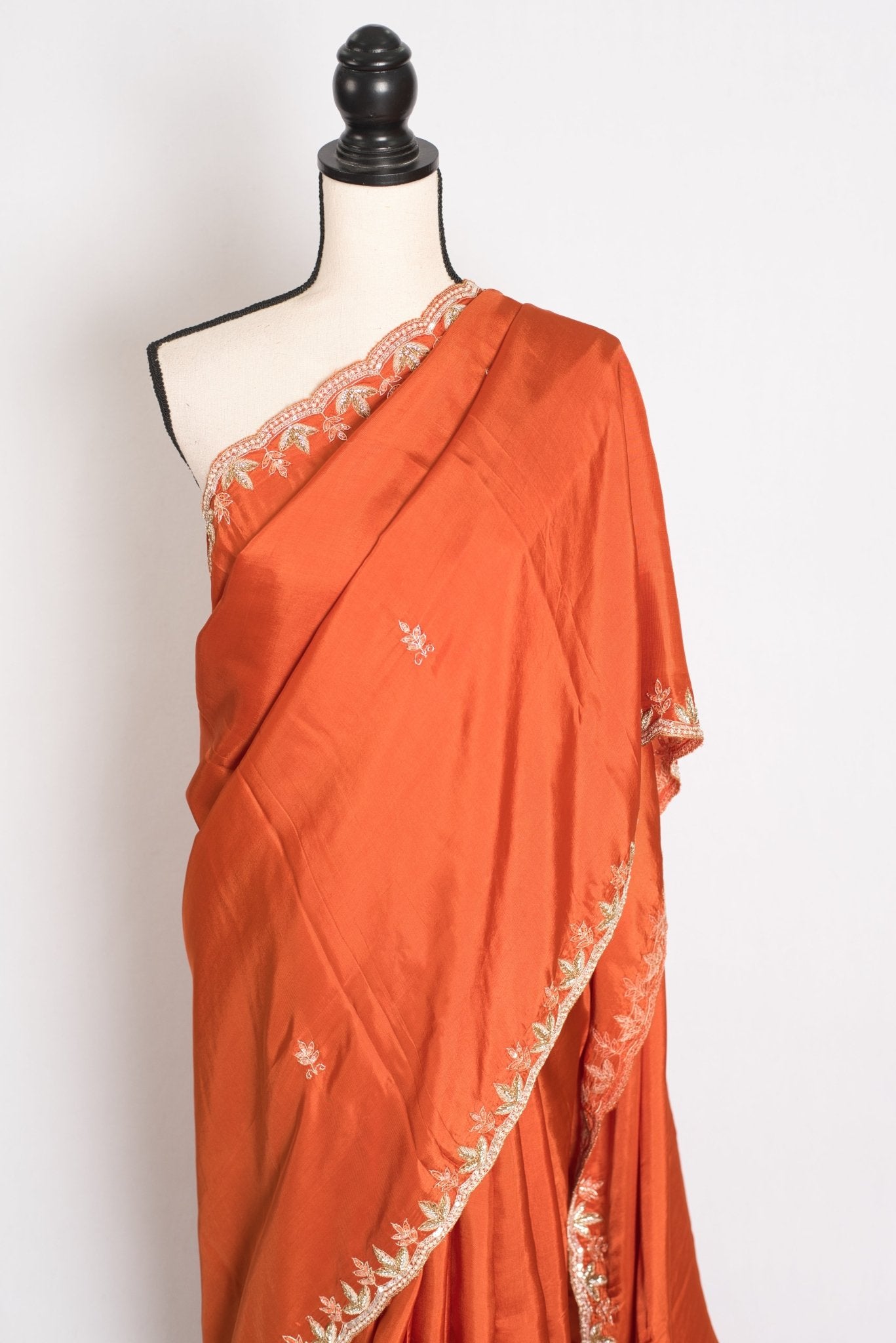Sargam : Orange Hand Embroidery Zardosi Crepe Silk Partywear Saree - Saree Mandi