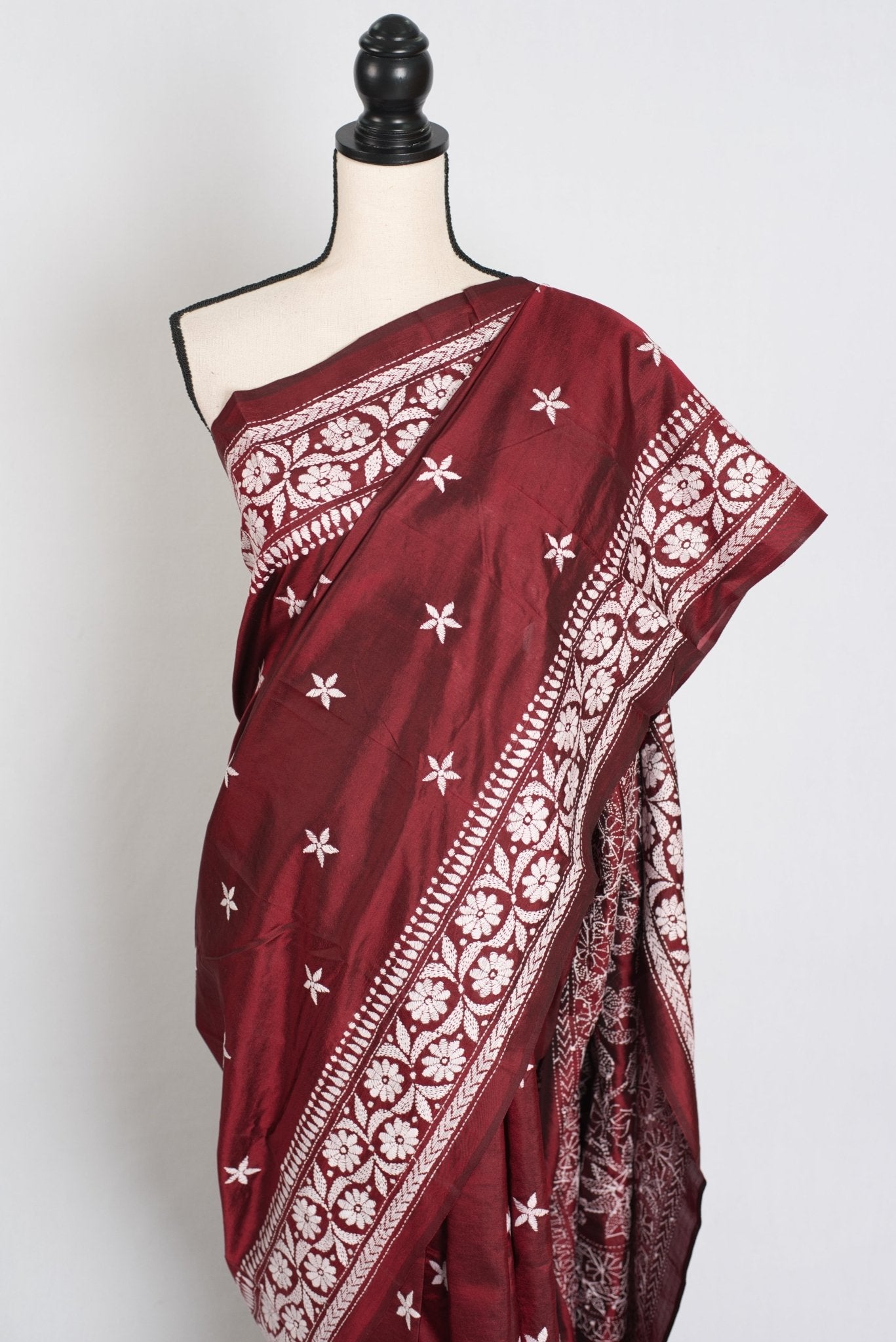 Sarini : Silk Mark Certified Maroon Hand Embroidery Kantha Stitch Silk Saree - Saree Mandi
