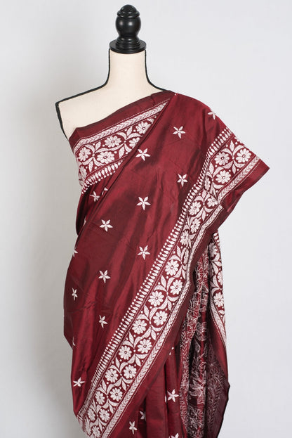 Sarini : Silk Mark Certified Maroon Hand Embroidery Kantha Stitch Silk Saree - Saree Mandi