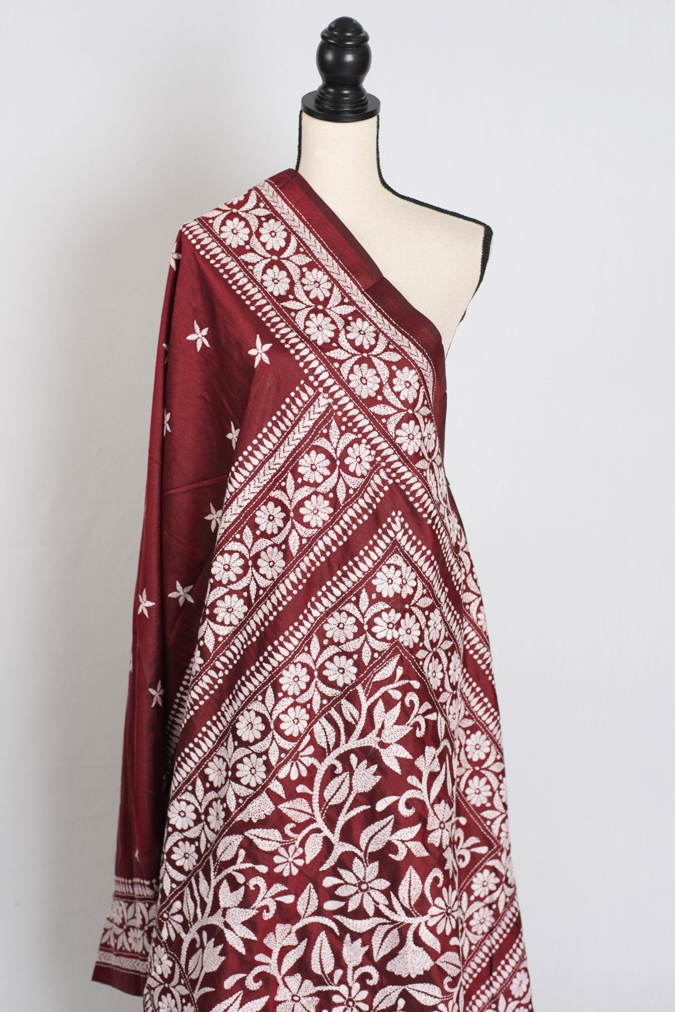 Sarini : Silk Mark Certified Maroon Hand Embroidery Kantha Stitch Silk Saree - Saree Mandi