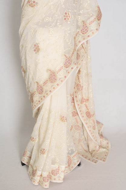 Shaba : Off-White Georgette Embroidered Cocktail Partywear Saree - Saree Mandi