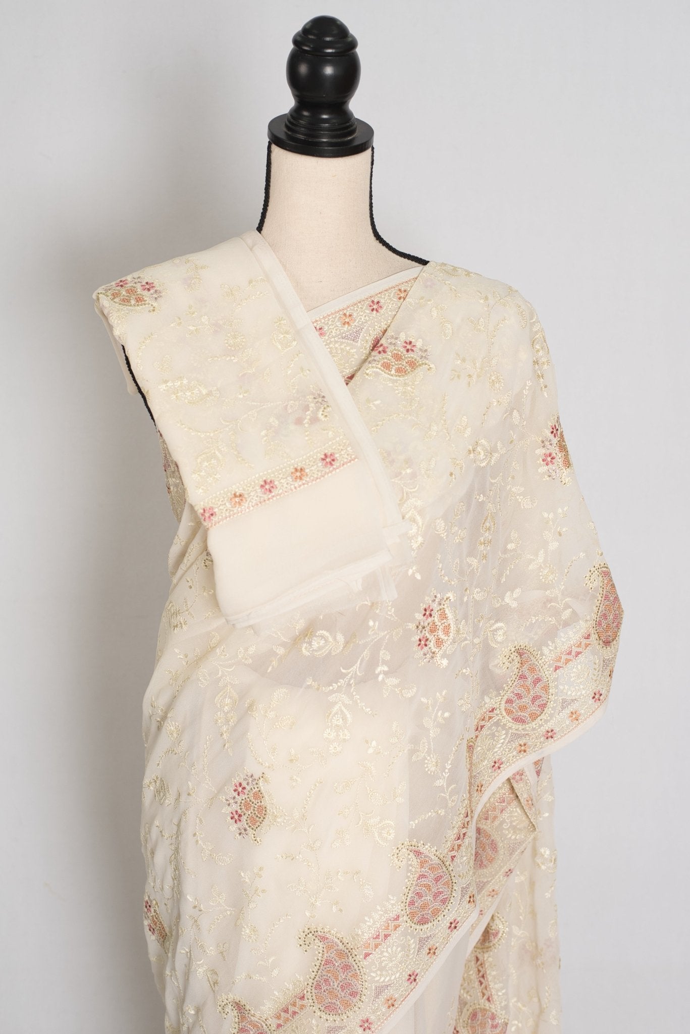Shaba : Off-White Georgette Embroidered Cocktail Partywear Saree - Saree Mandi